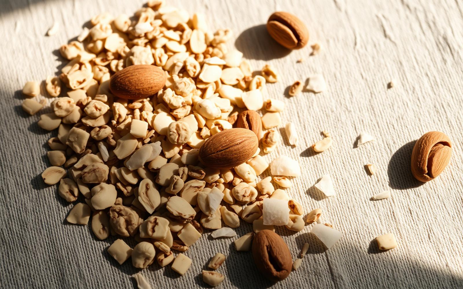 Oats, almonds, cashews, and coconut on a cream linen surface